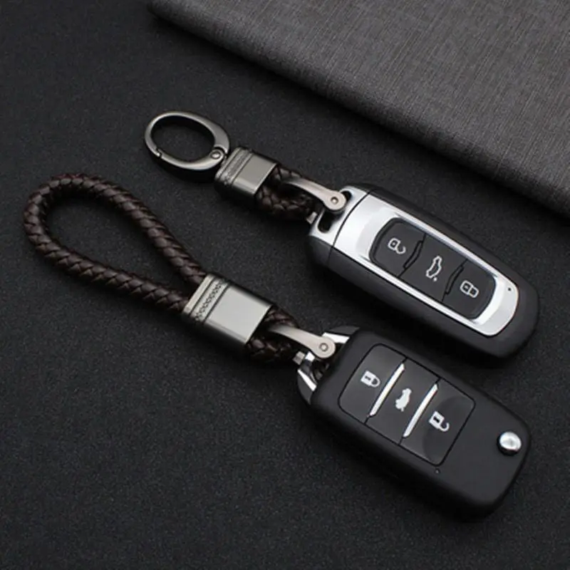 Trendy Hand-woven Leather Car Key Ring Men Women Rope Key Chain Waist Keychains Charm Metal Key Holder Unisex Fashion Jewelry