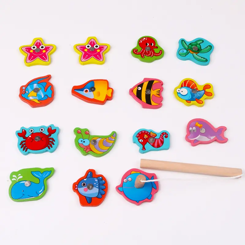 Montessori Wooden Magnetic Fishing Game Magnet Fish Catching Puzzle Educational Toys for Children Motor Skill Training Toy