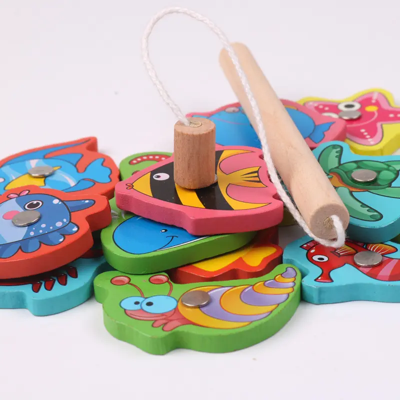 Montessori Wooden Magnetic Fishing Game Magnet Fish Catching Puzzle Educational Toys for Children Motor Skill Training Toy