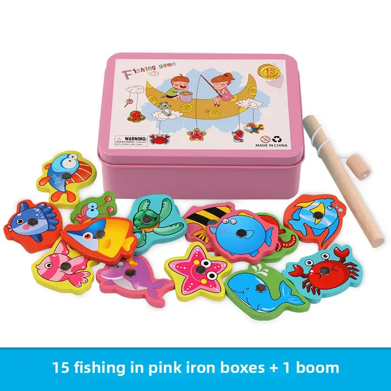 Montessori Wooden Magnetic Fishing Game Magnet Fish Catching Puzzle Educational Toys for Children Motor Skill Training Toy