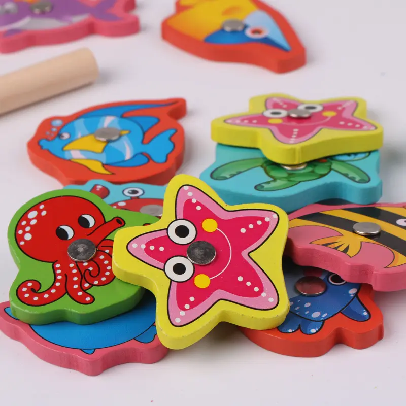 Montessori Wooden Magnetic Fishing Game Magnet Fish Catching Puzzle Educational Toys for Children Motor Skill Training Toy