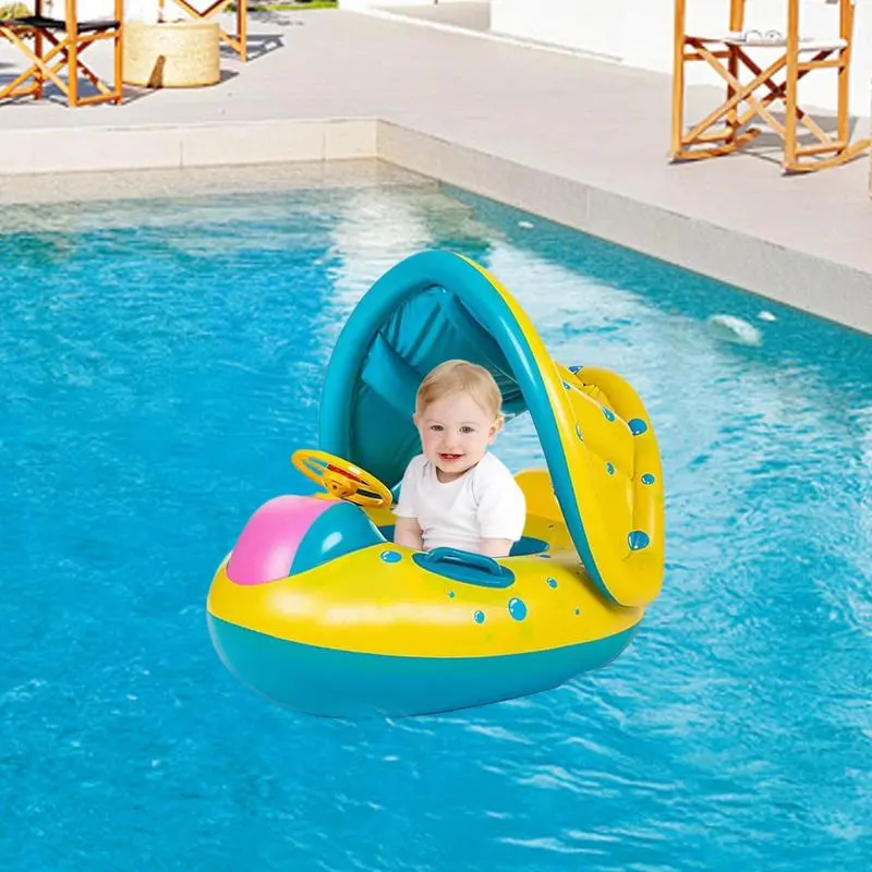 Baby Swim Float Toddler Swim Aid Inflatable Baby Float With Sun Protection Canopy And Console Steering Wheel For Kids Outdoor