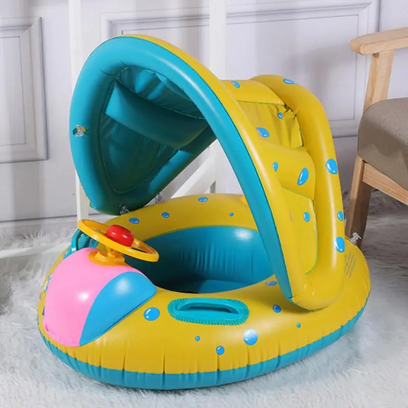 Baby Swim Float Toddler Swim Aid Inflatable Baby Float With Sun Protection Canopy And Console Steering Wheel For Kids Outdoor