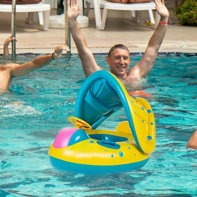 Baby Swim Float Toddler Swim Aid Inflatable Baby Float With Sun Protection Canopy And Console Steering Wheel For Kids Outdoor