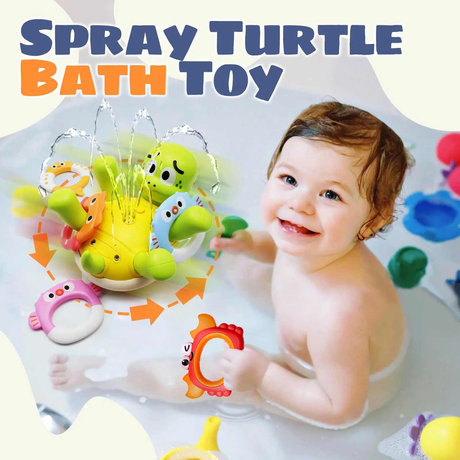 Baby Bath Toys Rechargeable Turtle Bath Toy Sprinkler for Kids Toddler with 5 Rings Bathtub Fountain Spray Toy Mold Gifts