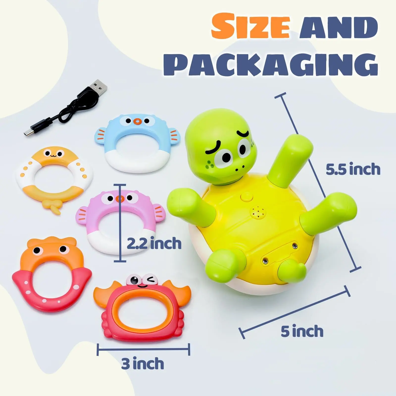 Baby Bath Toys Rechargeable Turtle Bath Toy Sprinkler for Kids Toddler with 5 Rings Bathtub Fountain Spray Toy Mold Gifts