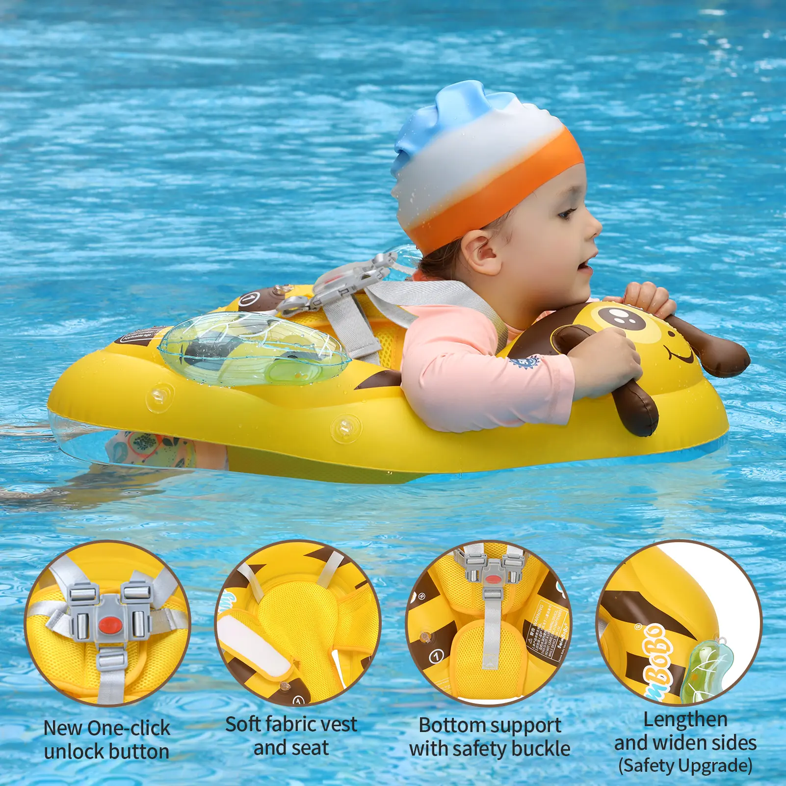 Swimbobo New Upgrades Yellow Bee Mesh Safety Soft Seat Pocket Baby Inflatable Swimming Floating Kids Ring Circle Fun Summer Toys