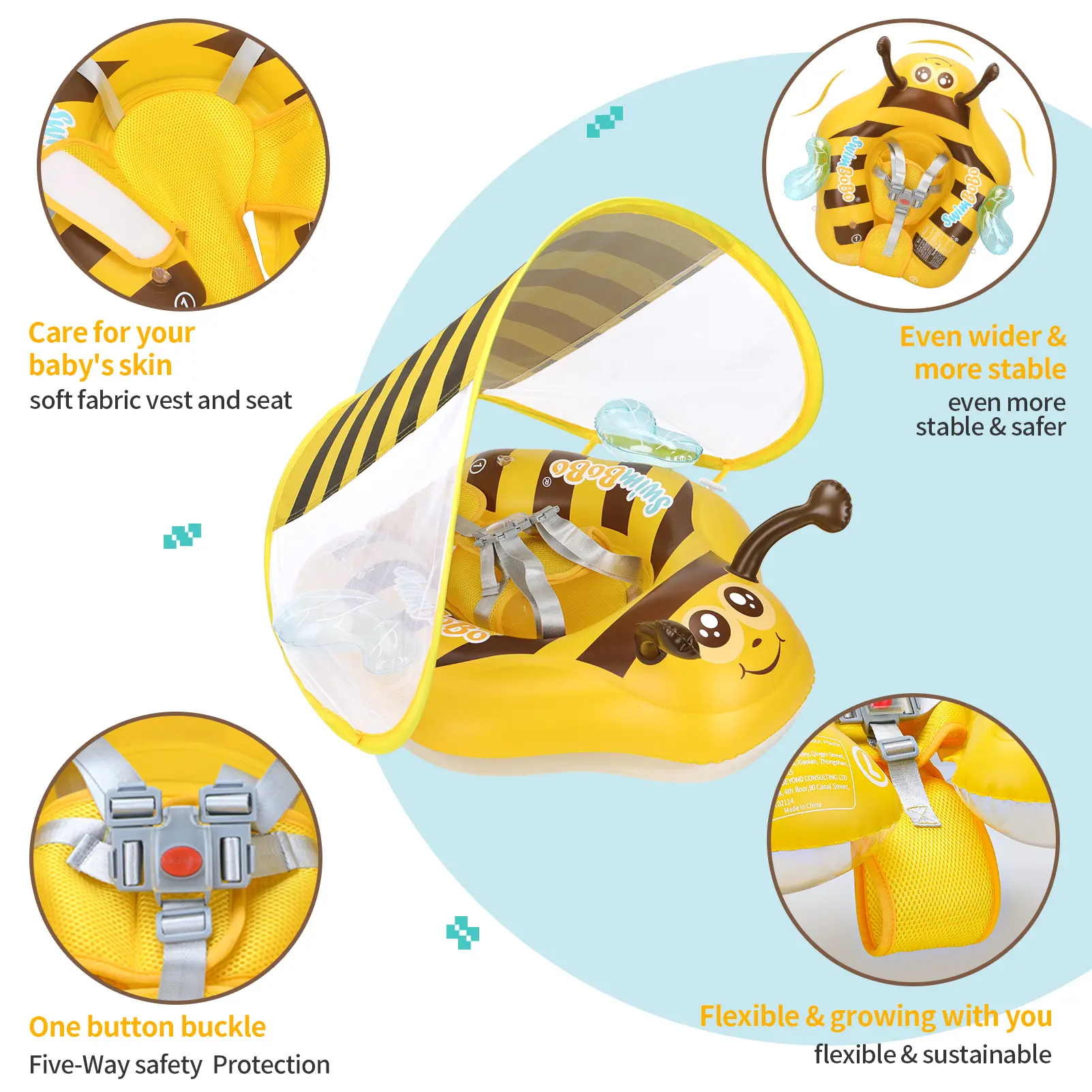 Swimbobo New Upgrades Yellow Bee Mesh Safety Soft Seat Pocket Baby Inflatable Swimming Floating Kids Ring Circle Fun Summer Toys