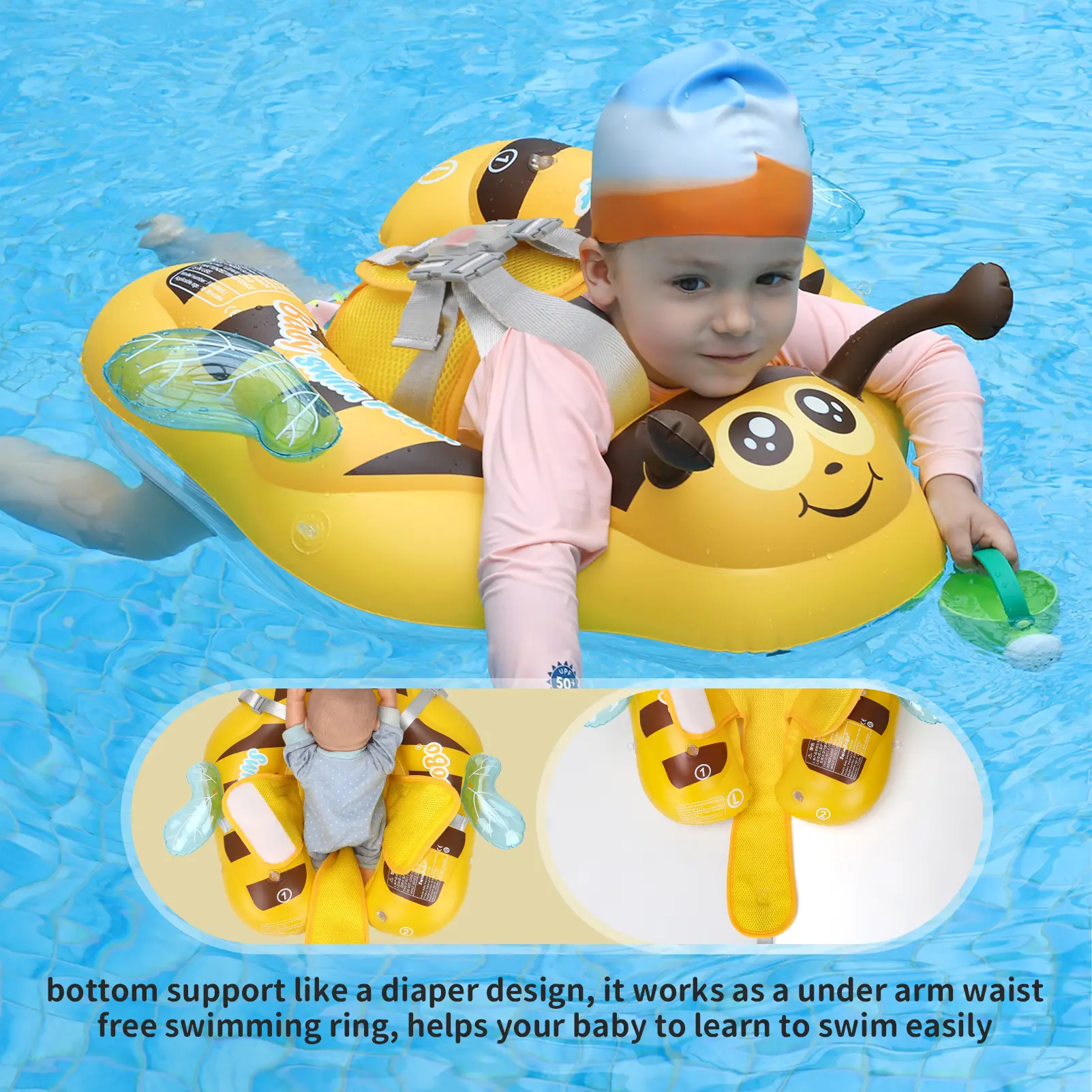 Swimbobo New Upgrades Yellow Bee Mesh Safety Soft Seat Pocket Baby Inflatable Swimming Floating Kids Ring Circle Fun Summer Toys