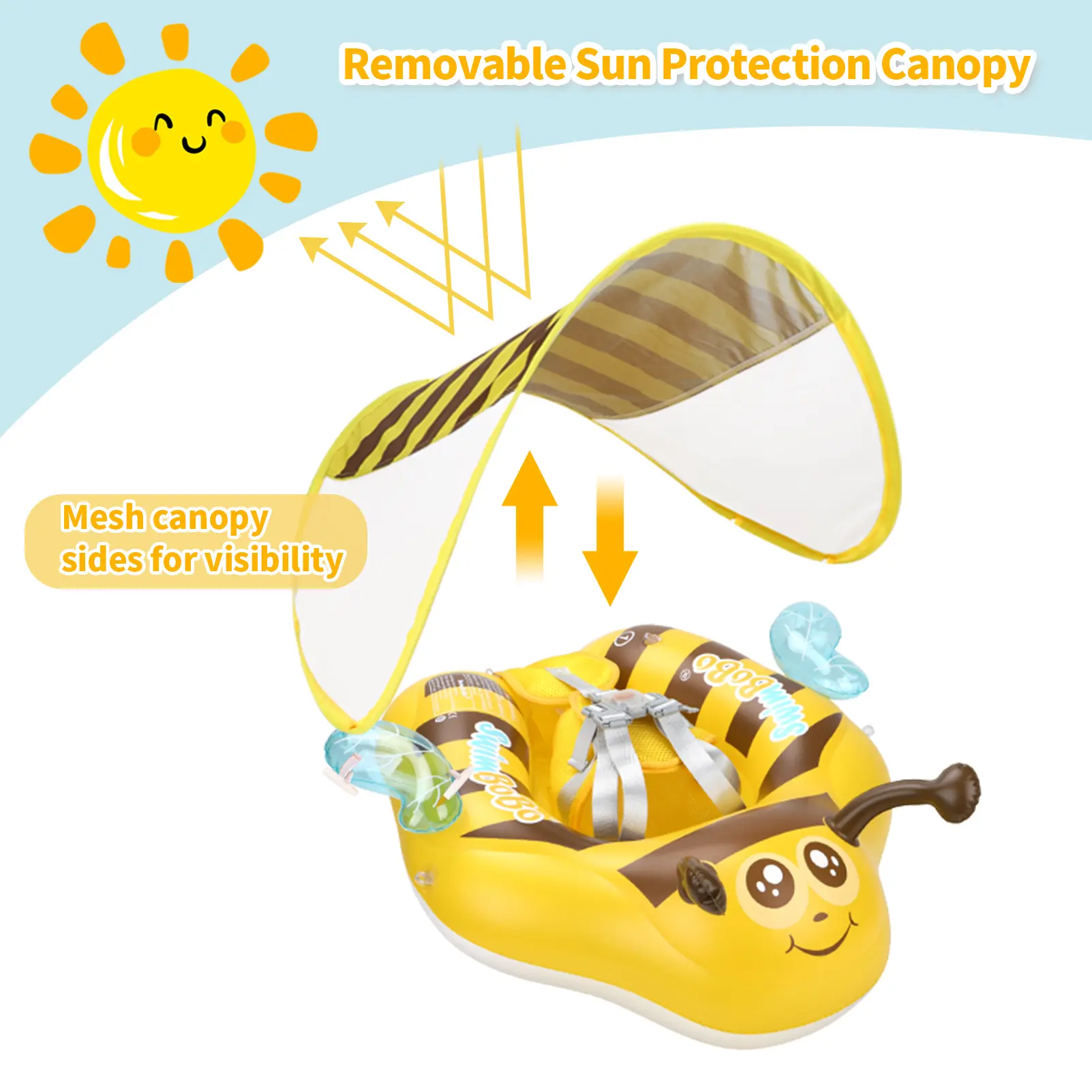 Swimbobo New Upgrades Yellow Bee Mesh Safety Soft Seat Pocket Baby Inflatable Swimming Floating Kids Ring Circle Fun Summer Toys