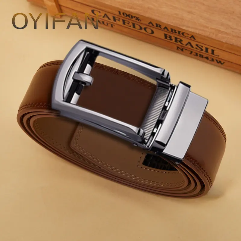 OYIFAN Men's Automatic Belt Brown Ratchet Belt 115cm-145cm Size Fashion Men Genuine Leather Belt Men's Gift