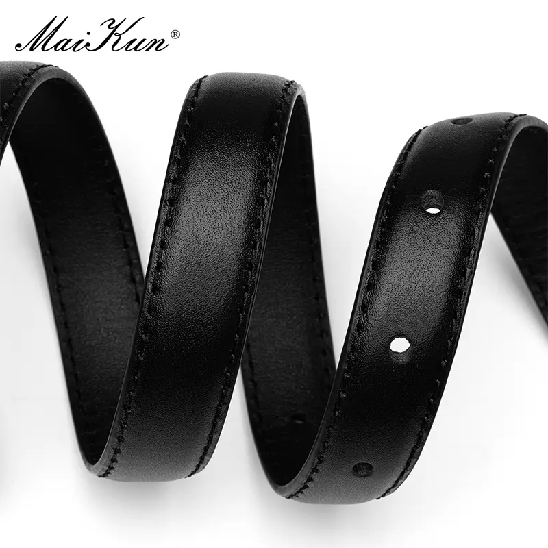 Maikun Genuine Leather Women's Belt  Silver Alloy Pin Buckle Black belts Fashion Classic Thin Waistband