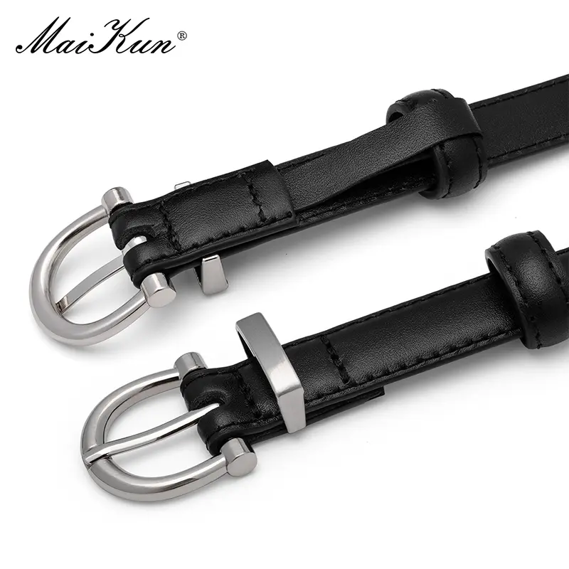 Maikun Genuine Leather Women's Belt  Silver Alloy Pin Buckle Black belts Fashion Classic Thin Waistband