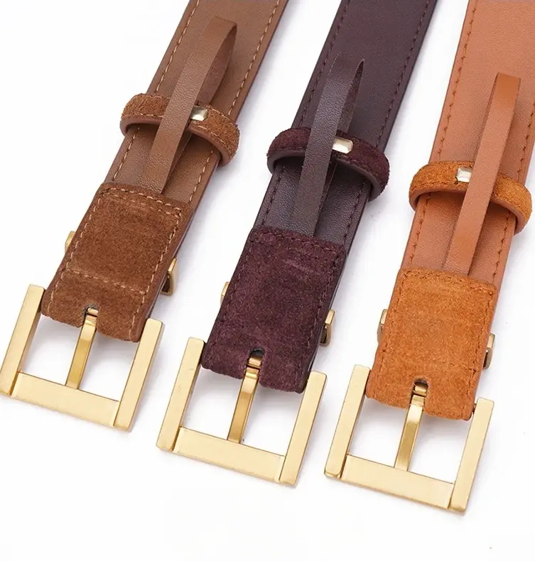 Luxury Cowhide Suede Belt for Women, Double Genuine Leather with Square Alloy Buckle for Fashionable Dresses and Jeans