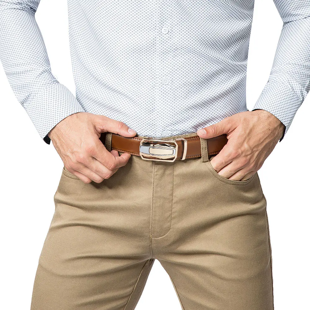 Men Belt High Quality Genuine Leather Belt Metal Alloy Automatic Buckle Brand Luxury Design Waist Belts for Men 150cm Size
