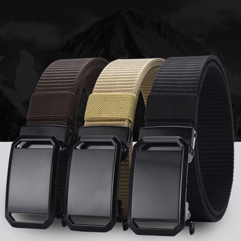 Men's casual nylon automatic buckle belt - black, durable fabric with square iron buckle ring, simple design suitable for daily