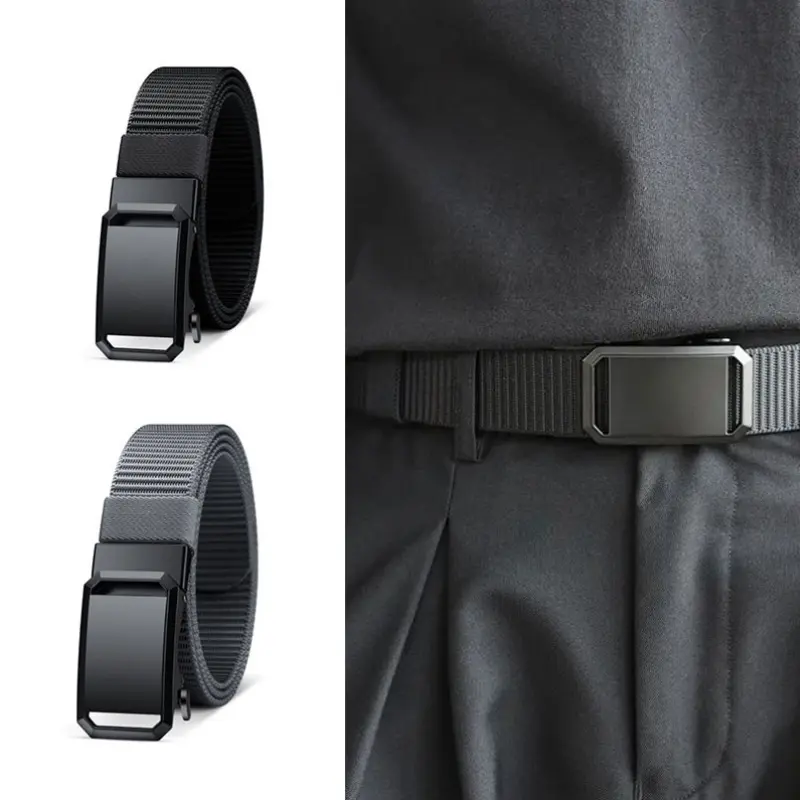 Men's casual nylon automatic buckle belt - black, durable fabric with square iron buckle ring, simple design suitable for daily