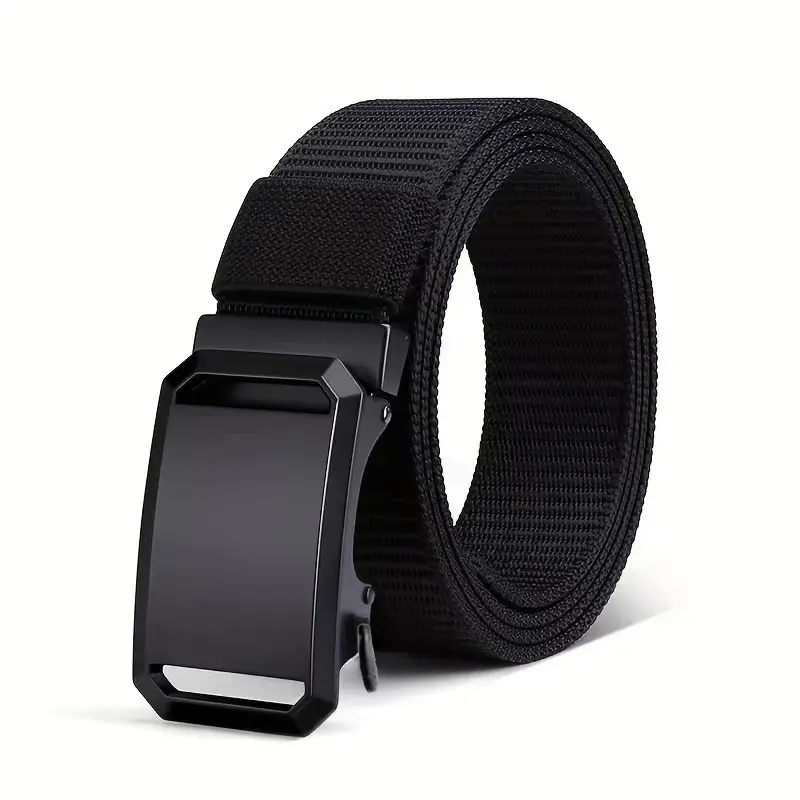 Men's casual nylon automatic buckle belt - black, durable fabric with square iron buckle ring, simple design suitable for daily