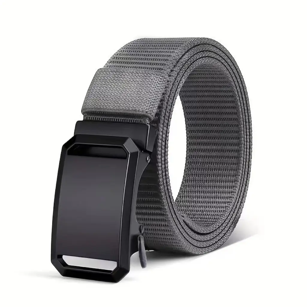 Men's casual nylon automatic buckle belt - black, durable fabric with square iron buckle ring, simple design suitable for daily