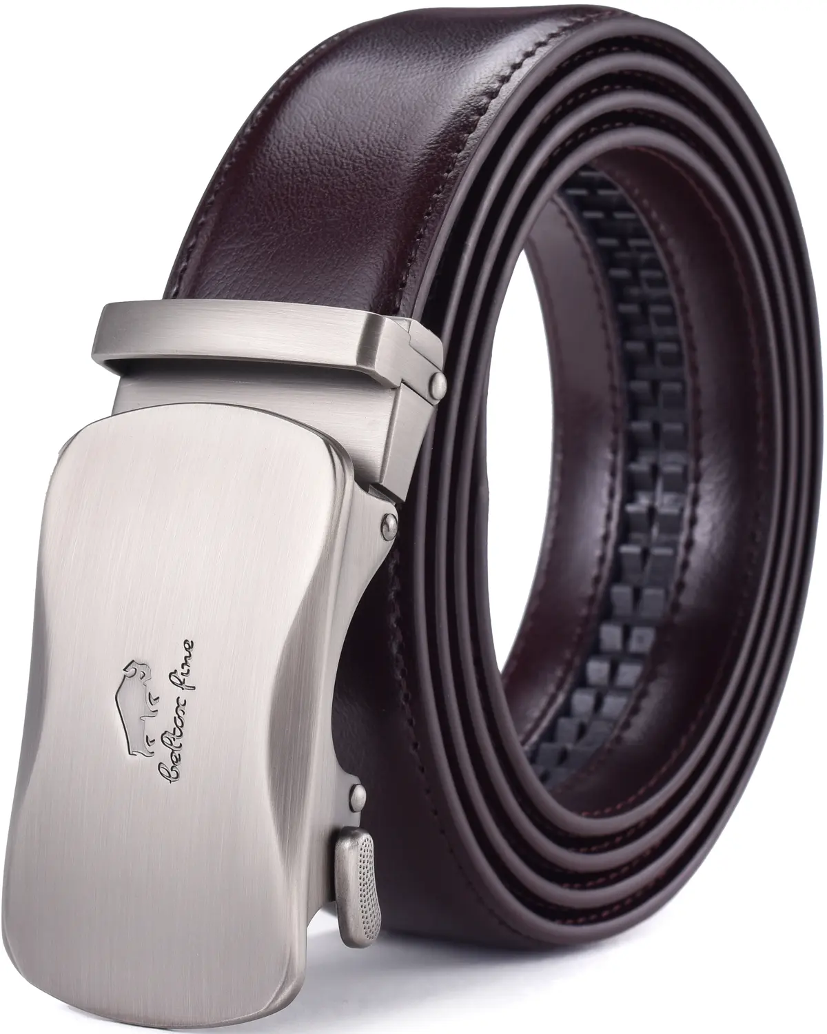Men's Leather Ratchet Dress Belt with Automatic Sliding Buckle