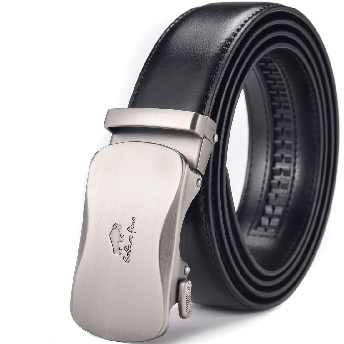 Men's Leather Ratchet Dress Belt with Automatic Sliding Buckle