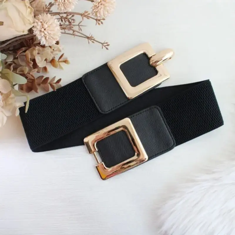 Wide Stretchy Elastic Cinch Gold Waist Belts With Gold Big Alloy Buckle for Women Fashion Accessories