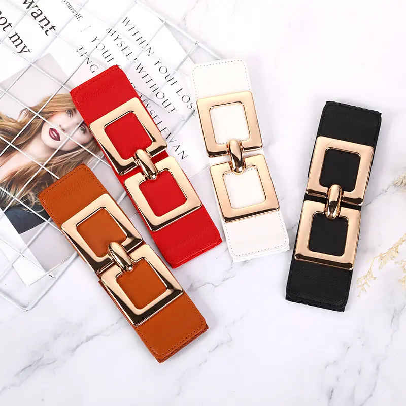 Wide Stretchy Elastic Cinch Gold Waist Belts With Gold Big Alloy Buckle for Women Fashion Accessories