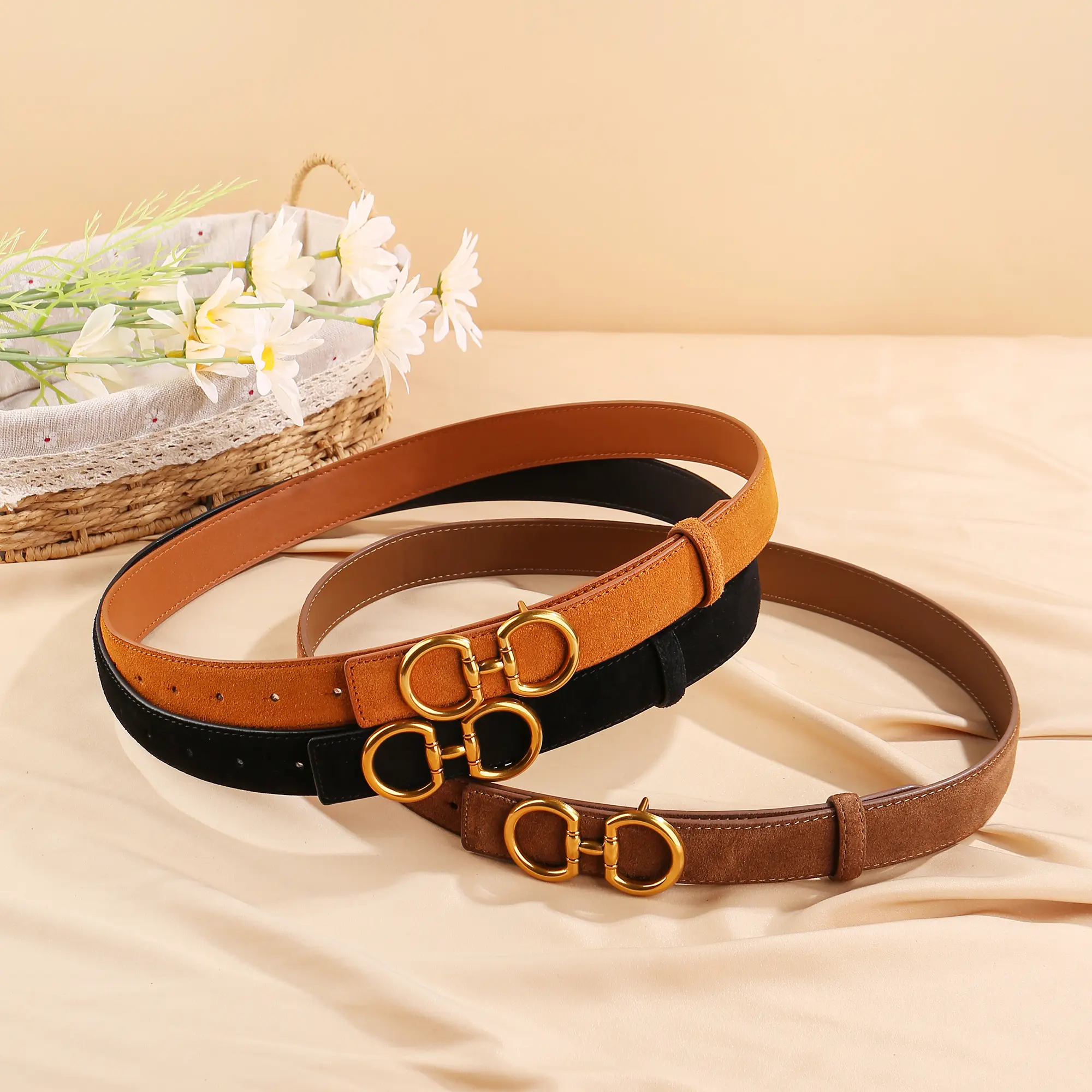 Trendy Suede Cowhide Belt for Women Ancora Red Double Genuine Leather Belts Retro Gold Buckle Waistband for Dresses and Jeans