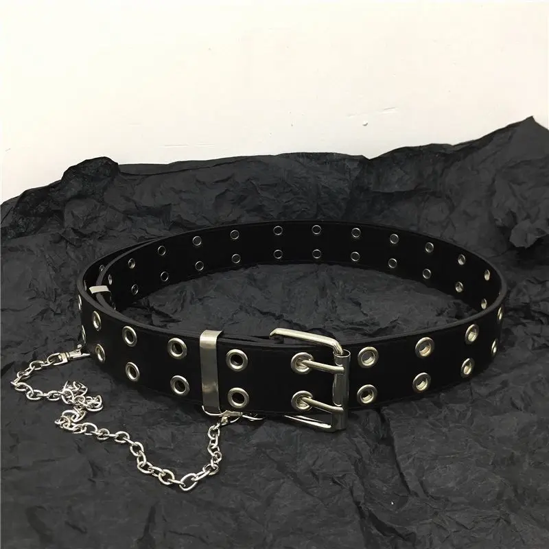 Belt female Korean ins spicy girl dark personality double-breasted metal chain decoration versatile punk men belt tide