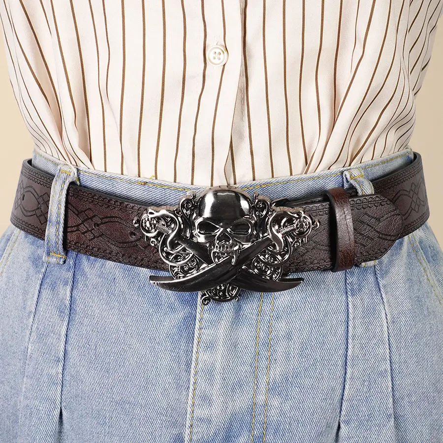 Brown Skull Unisex Waist Belt Street Style Retro Belt Can Be Paired with Jeans, Dresses, Suits, Shirts