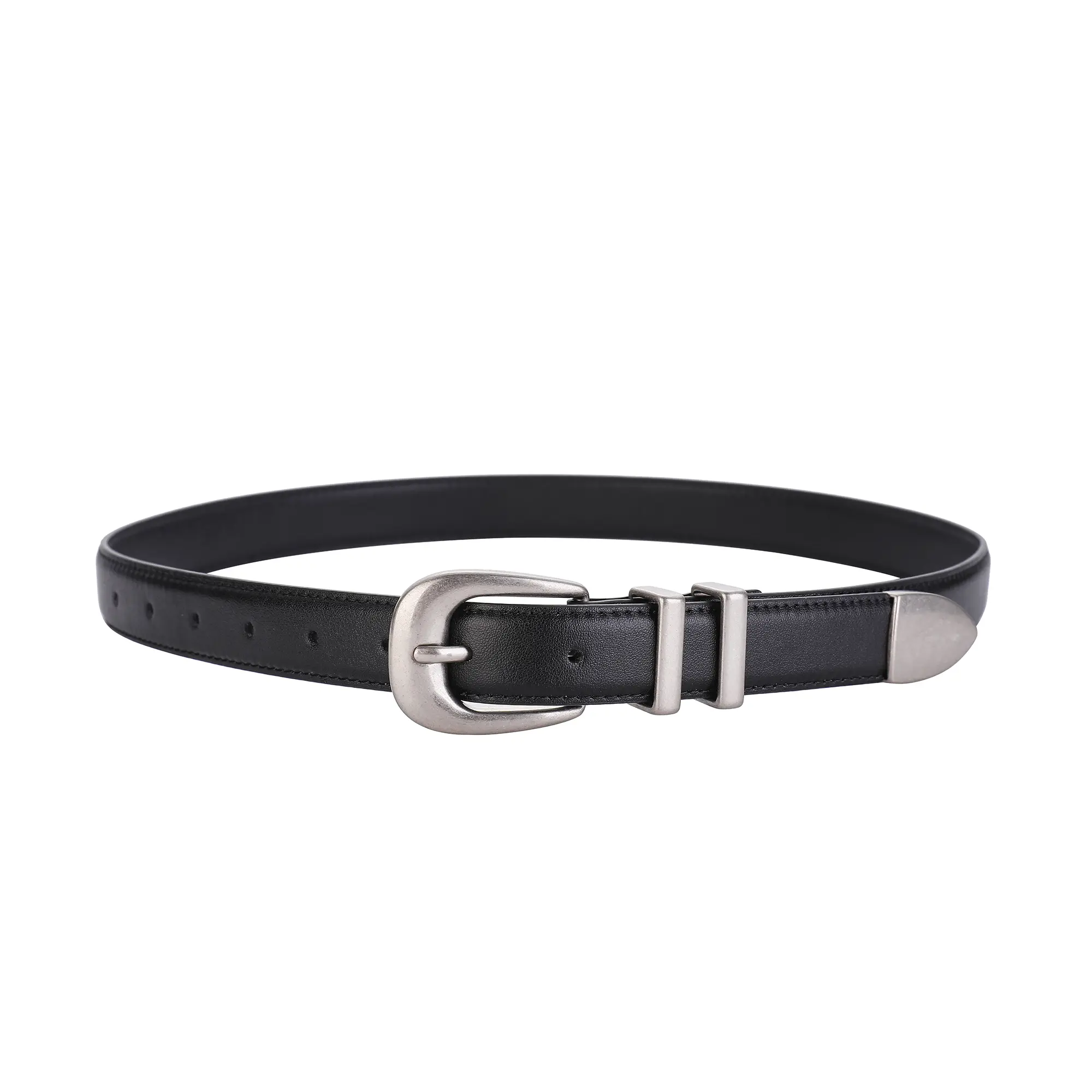 Women Men Vintage Silver Black Waistband Genuine Leather Cowskin Buckle Belt for Pants Jeans Dresses