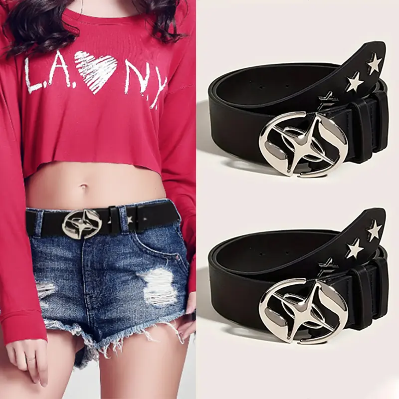 New Luxury Women's Belt Fashion Classic Star Shaped Hollow-Out Oval Buckle Design Black Faux Leather Casual Men's Belt Plus Size