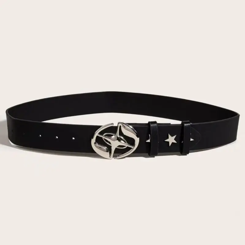 New Luxury Women's Belt Fashion Classic Star Shaped Hollow-Out Oval Buckle Design Black Faux Leather Casual Men's Belt Plus Size