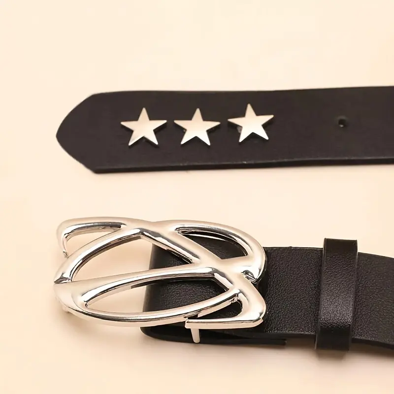 New Luxury Women's Belt Fashion Classic Star Shaped Hollow-Out Oval Buckle Design Black Faux Leather Casual Men's Belt Plus Size