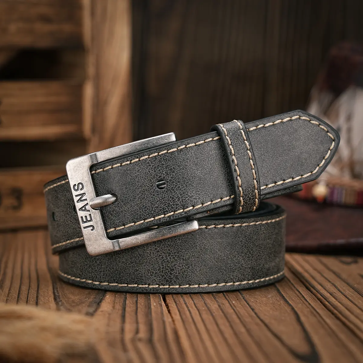 Men - Women - Western Denim - pu leather - Belt - Vintage jeans with carved buckle brown belt