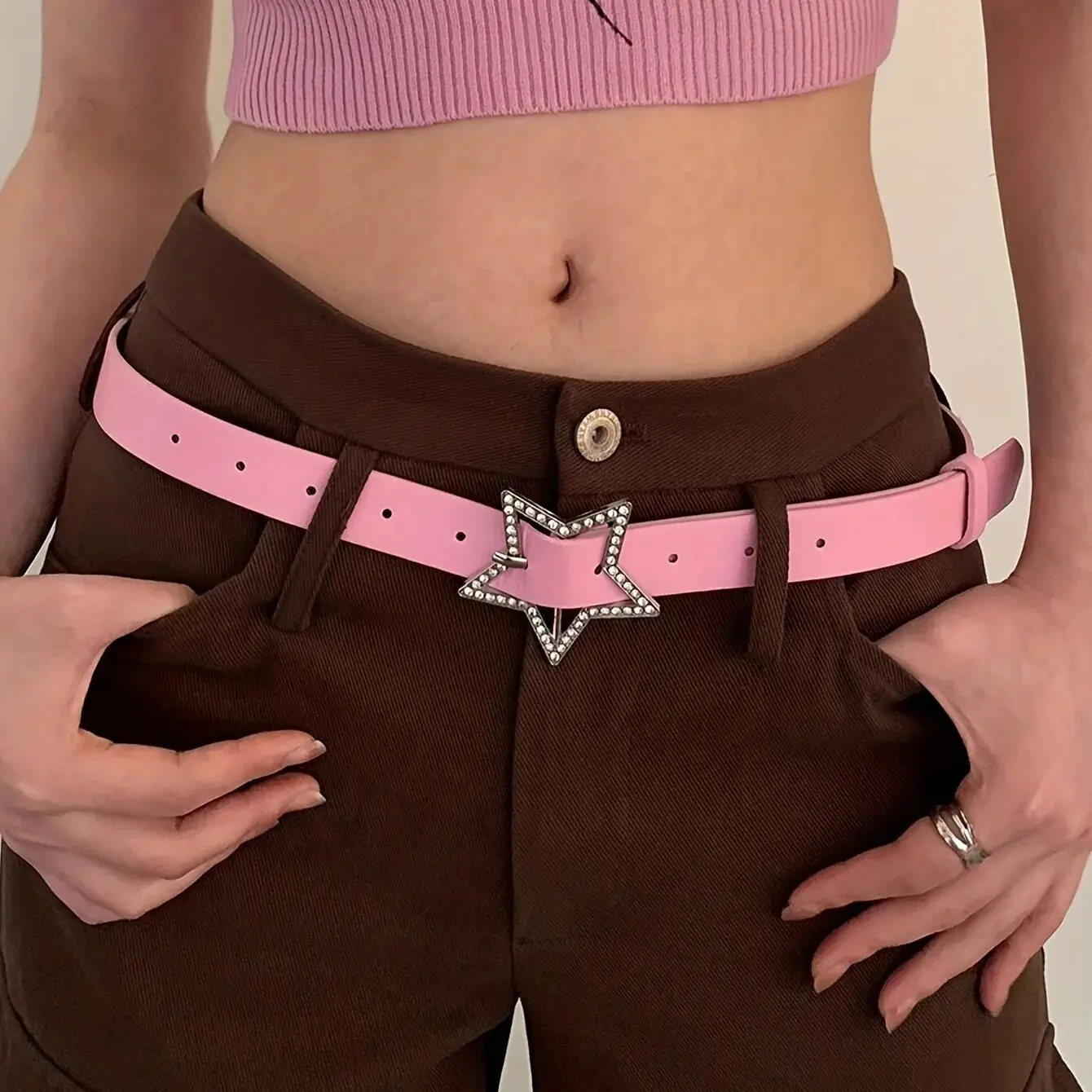 Y2K Belts for Women Spice Girls Pink Black White Belt Denim Star PU Leather Rhinestones Belt Ins Sweet Cool Corset Jeans Belts