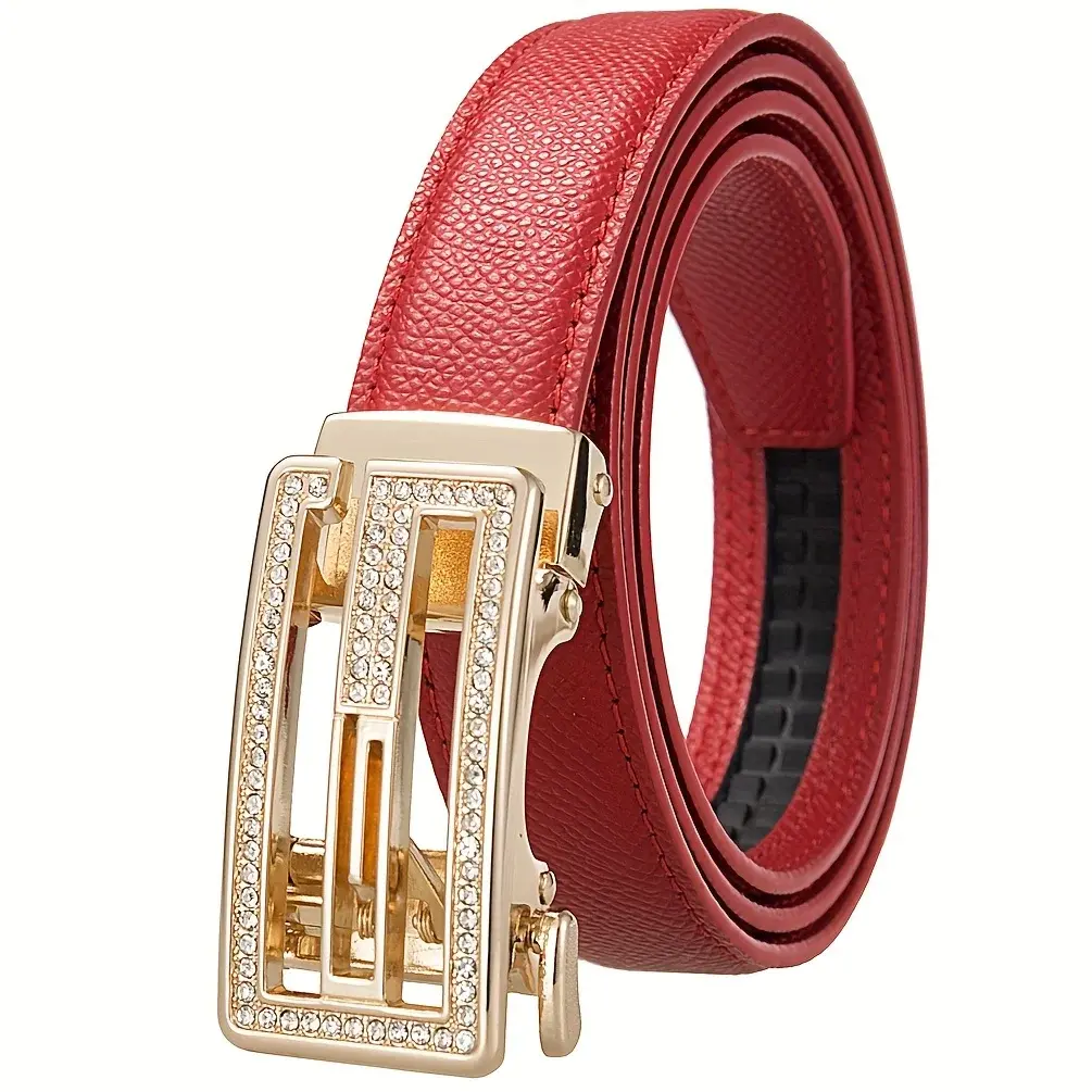 2025 New Women's Alloy Automatic Buckle Microfiber Hollow Belt Casual Jeans Decorative Waist Chain Light Luxury All-match Design