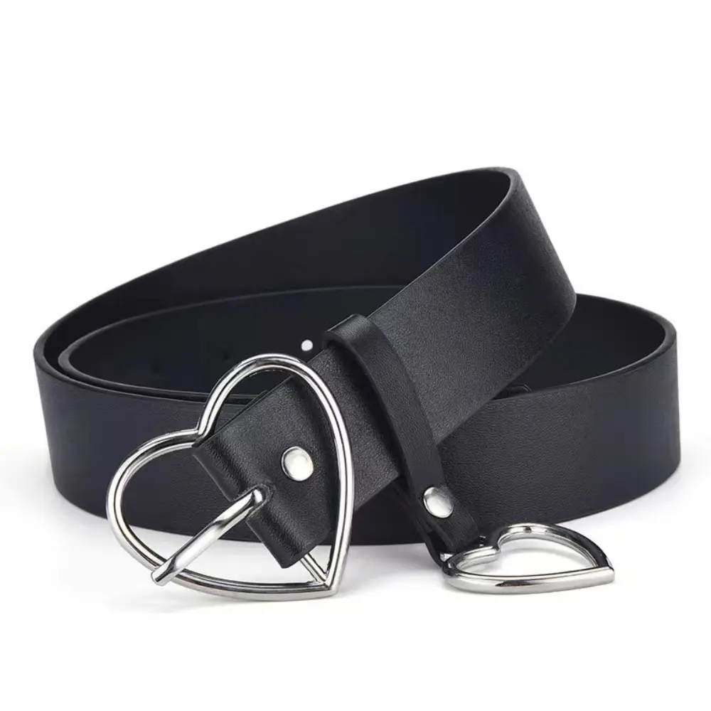 Fashionable Creative Women's Harajuku Heart-Shaped Buckle Belt With Detachable Pink Heart Pendant And Black Pu Strap