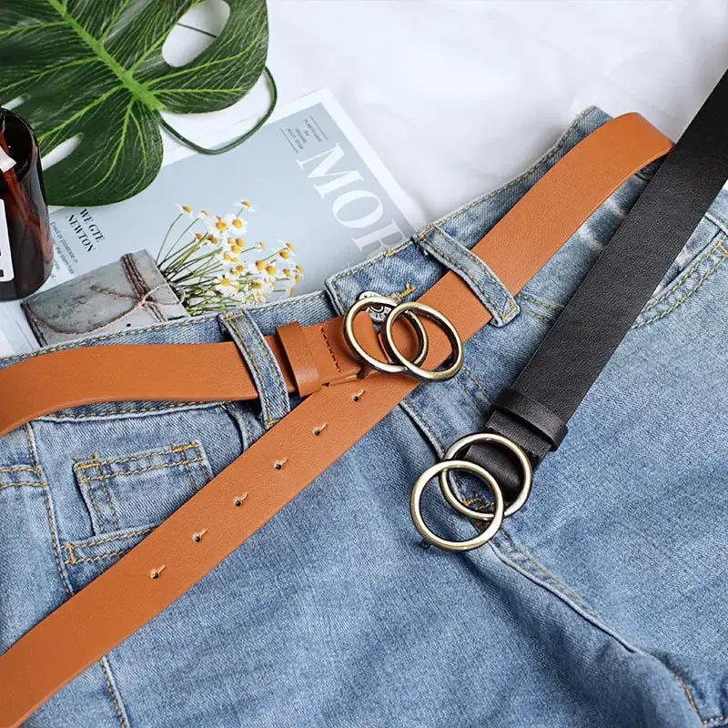 Silver Gold Double Ring Belts for Jeans Women Girls Fashion Waist Belt PU Metal Buckle Belt Leisure Dress Jeans Wild Waistband