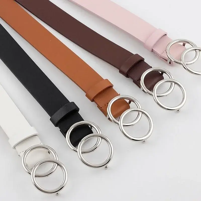 Silver Gold Double Ring Belts for Jeans Women Girls Fashion Waist Belt PU Metal Buckle Belt Leisure Dress Jeans Wild Waistband