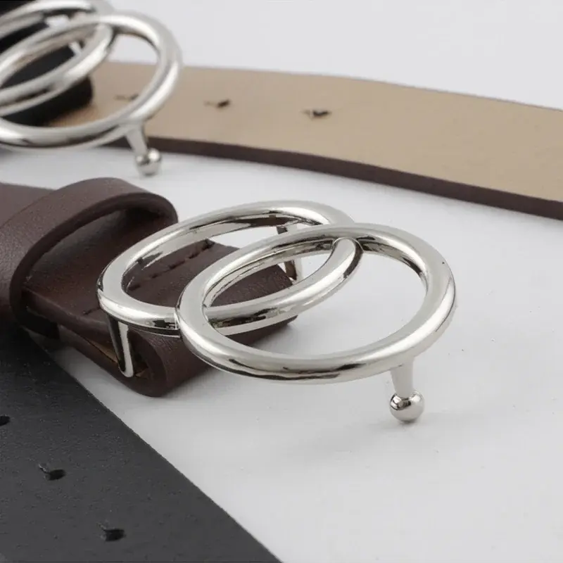Silver Gold Double Ring Belts for Jeans Women Girls Fashion Waist Belt PU Metal Buckle Belt Leisure Dress Jeans Wild Waistband