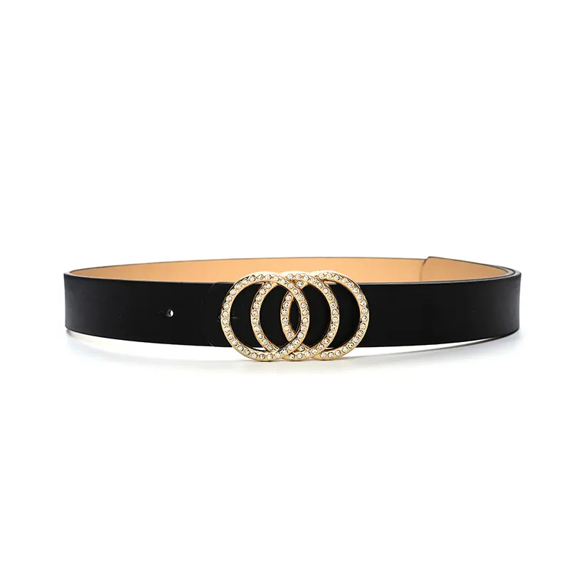 Glamorous Rhinestone Belt for Women - Stylish Triple Ring Buckle - Durable Black PU Leather Waistband - Fashion-Forward Jeans