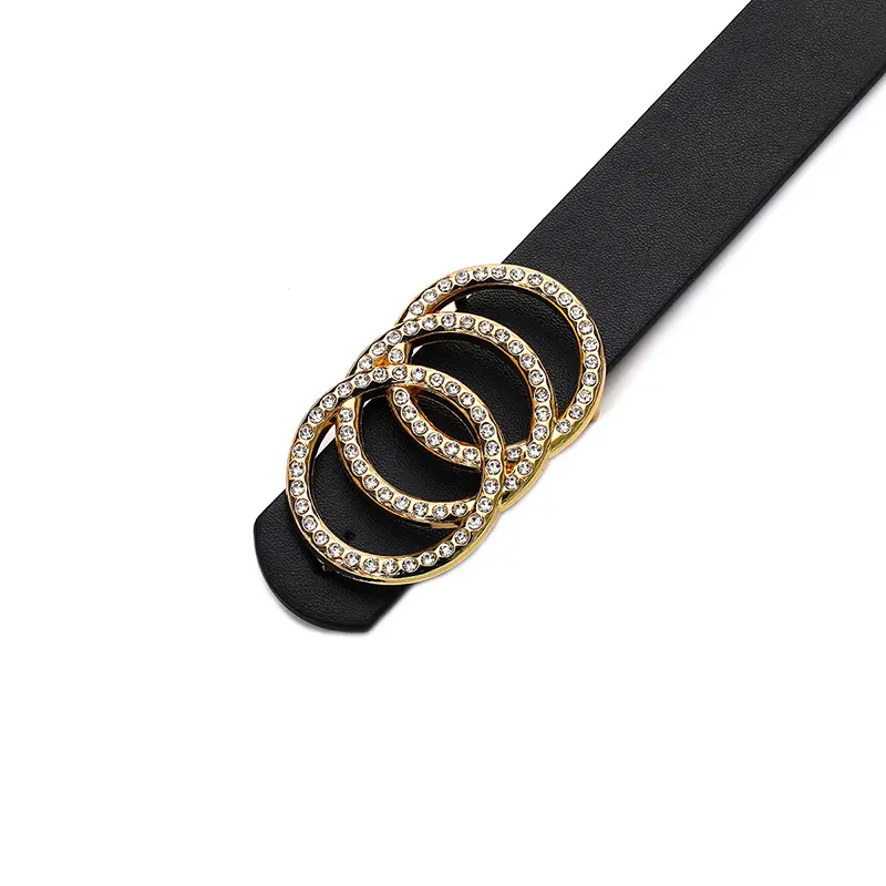 Glamorous Rhinestone Belt for Women - Stylish Triple Ring Buckle - Durable Black PU Leather Waistband - Fashion-Forward Jeans