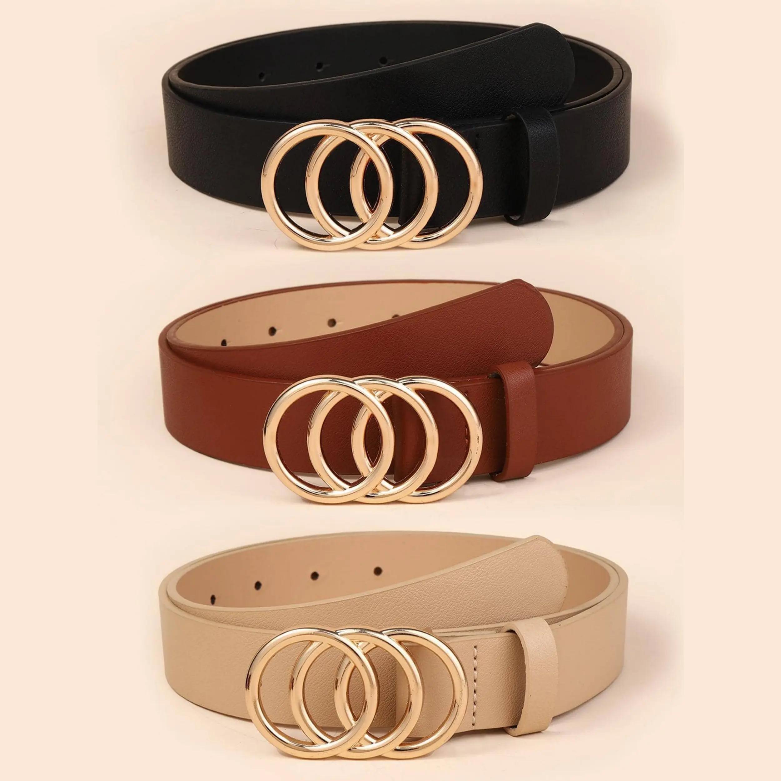 1 Set 2/3  Pcs Women's Multi-color Fashion Versatile Belts With Triple Round Buckle Jeans Accessories Suitable For Daily
