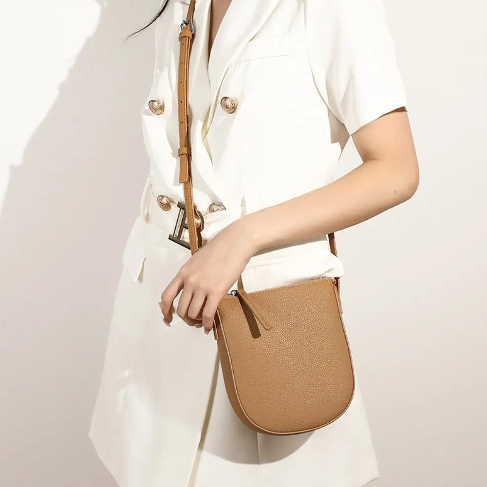 Litchi Pattern Shoulder Bag New Zipper Solid Color Crossbody Bag Genuine Leather Phone Bag Ladies
