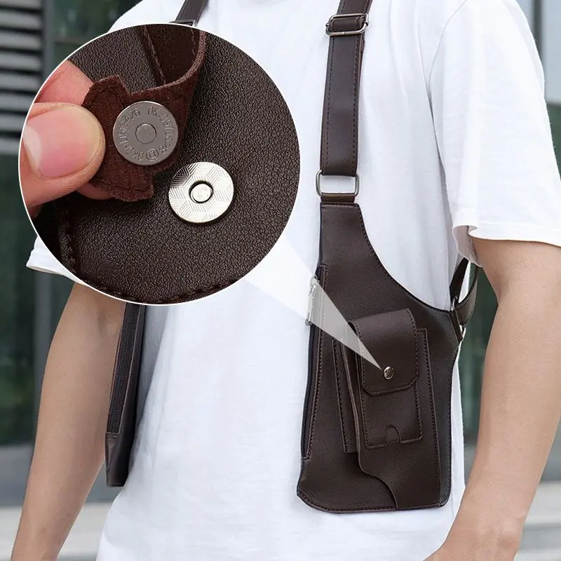 Double Shoulder Strap Multi-Pocket Outdoor Anti-Theft Tactical Fishing Bag Waterproof PU Multi-Purpose Men's Crossbody Bags