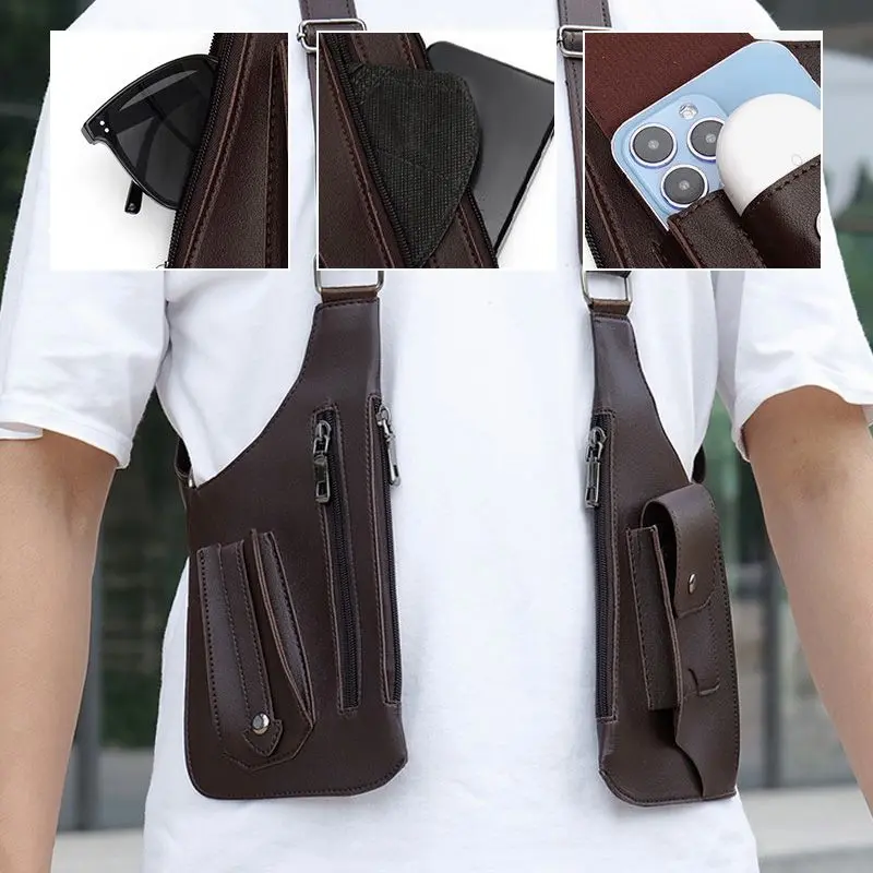 Double Shoulder Strap Multi-Pocket Outdoor Anti-Theft Tactical Fishing Bag Waterproof PU Multi-Purpose Men's Crossbody Bags