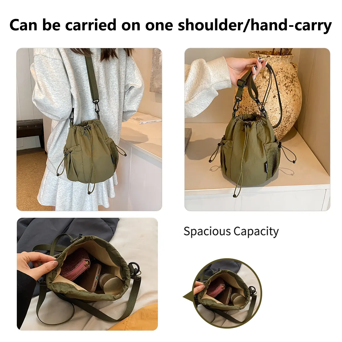 K-Style Niche Nylon Bag for Women 2025 Lightweight and Versatile Ins Crossbody Bag Drawstring Bucket Mobile Phone Bag