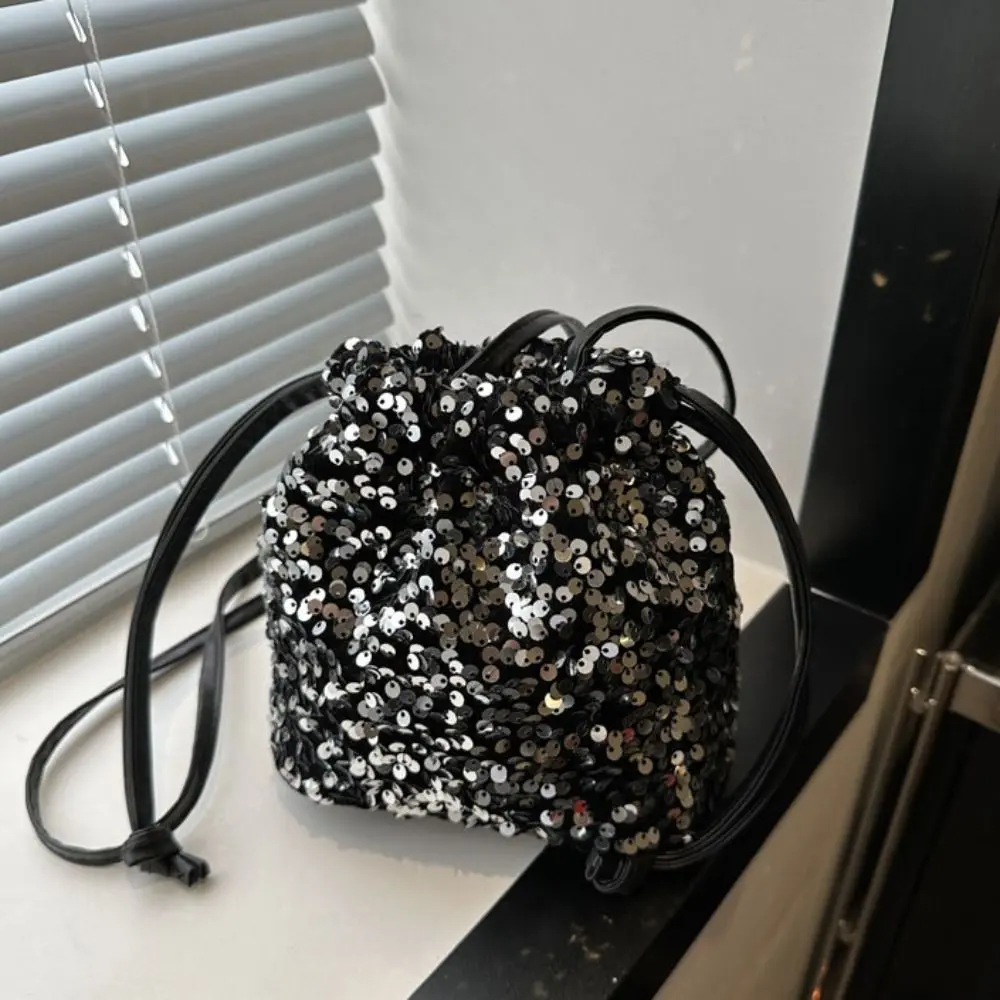 Casual Shiny Evening Banquet Bag Korean Style Handbag Drawstring Crossbody Bag Small Purse Mini Bucket Bag Women