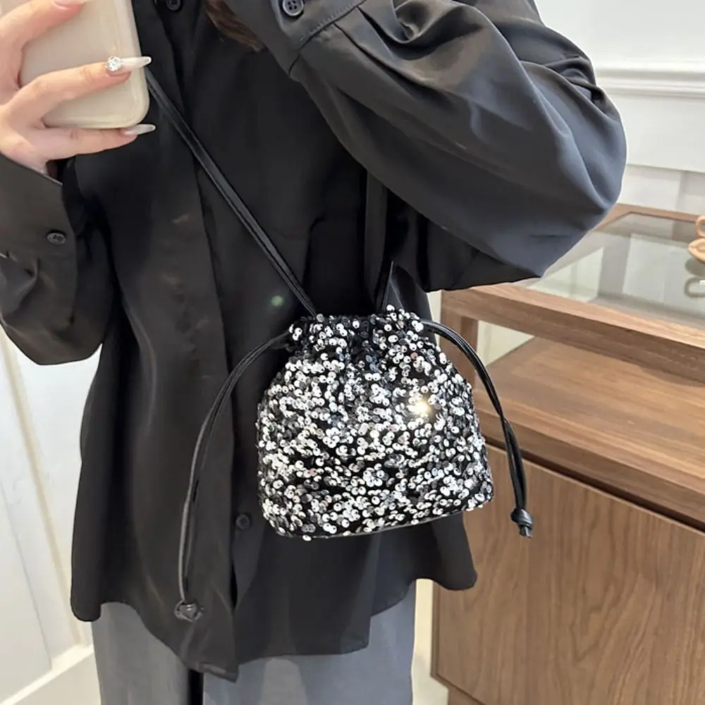 Casual Shiny Evening Banquet Bag Korean Style Handbag Drawstring Crossbody Bag Small Purse Mini Bucket Bag Women